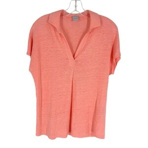 Chicos Linen Blouse Size 0 Peach Knit Short Sleeve Collar V-Neck Womens Small